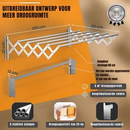 QORA® Wanddroogrek Inklapbaar - Wanddroogrek - Zilver - ‎80cm x 100cm x 15cm — thumbnail 4