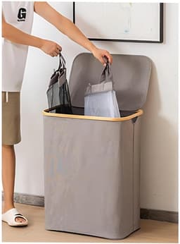 Dailygoods - Wasmand met Deksel, Wasmand 2 Vakken met 2 Uitneembare Waszakken, Opvouwbare Wasbox, Waterdichte Oxford Stof, Grote Inhoud, Wasmand voor Badkamer, Slaapkamer en Wasruimte (Gray, M) — thumbnail 2