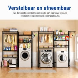 Liverna® Wasmachine Ombouw Rek - Opbergkast/Wc Kastje boven Wasmachine en Droger - 3 Laags Badkamerrek - Metaal Zwart - 147x35x195 cm — thumbnail 4