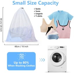 Dailygoods - OTraki Wasnet voor wasmachine, 40 x 50 cm, 2 stuks, grote waszak, met trekkoord, herbruikbare fijnmazige waszakken voor college, slaapzaal en woning (wit) — thumbnail 3