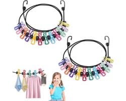 SnelShoppen - 2x Retractable Reis Waslijn 1.8m, Inclusief 12 Kleurige Wasknijpers, Opvouwbare Waslijn voor Camping, Badkamer, Buiten en Thuisgebruik