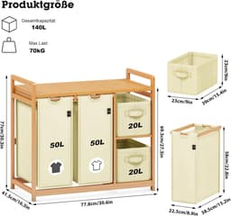 Wasmand Met 4 Vakken 140L - Grote Wasverzamelaar Met Bamboe Frame - Wassorteerder Met 2 Waszakken En 2 Stoffen Opbergboxen - Wasbox Met Plank Voor Badkamer, Slaapkamer En Wasruimte - Beige — thumbnail 3
