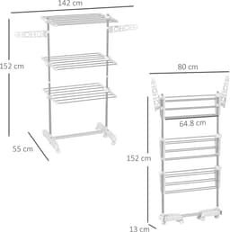 COVREO Droogtoren 142 x 55 x 152 cm - inklapbaar, 3 niveaus, met wielen, wit staal — thumbnail 2
