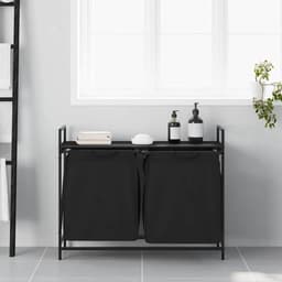 Wasmand – Laundry Basket – Wasbox – Wasopberger – Waszakken – Met Twee Compartimenten – Bovenste Opbergrek – Zwart Stalen Frame – Eiken Houtlook — thumbnail 3