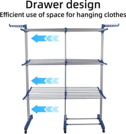 PIPIPOXER- Wasrek Inklapbaar-Droogrek-Staand Droogrek -Uitschuifbare Droogtoren – 3 Verdiepingen – 132 meter Drooglengte- Ruimtebesparend Wasrek -132x49x170 CM- Droogrek op Wielen - blauw — thumbnail 3