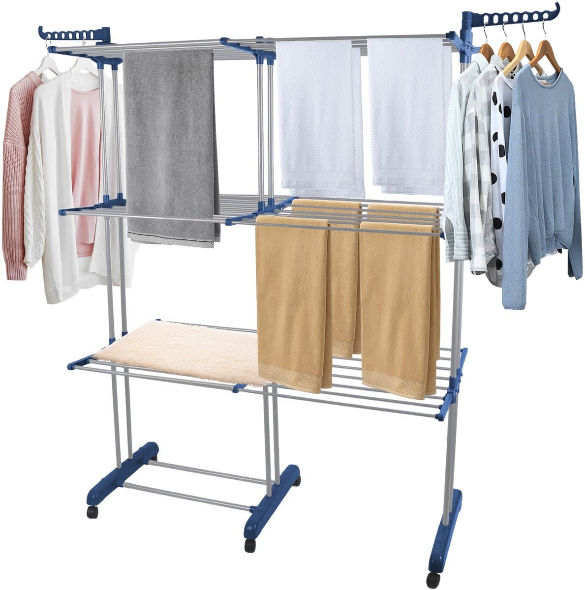 PIPIPOXER- Wasrek Inklapbaar-Droogrek-Staand Droogrek -Uitschuifbare Droogtoren – 3 Verdiepingen – 132 meter Drooglengte- Ruimtebesparend Wasrek -132x49x170 CM- Droogrek op Wielen - blauw — afbeelding 1