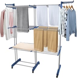 PIPIPOXER- Wasrek Inklapbaar-Droogrek-Staand Droogrek -Uitschuifbare Droogtoren – 3 Verdiepingen – 132 meter Drooglengte- Ruimtebesparend Wasrek -132x49x170 CM- Droogrek op Wielen - blauw — thumbnail 1