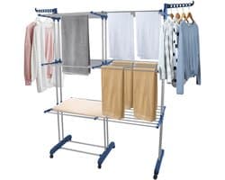 PIPIPOXER- Wasrek Inklapbaar-Droogrek-Staand Droogrek -Uitschuifbare Droogtoren – 3 Verdiepingen – 132 meter Drooglengte- Ruimtebesparend Wasrek -132x49x170 CM- Droogrek op Wielen - blauw