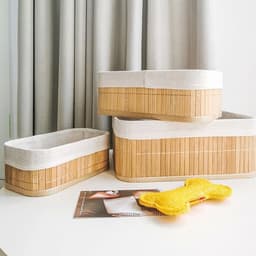3 stuks bamboe opbergmanden – Met natuurlijke stofvoering, voor kast, plank en badkamer — thumbnail 3