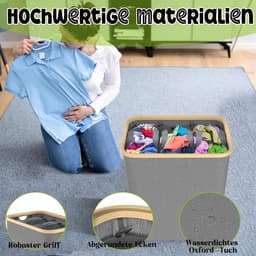 140 liter, vuile wasmand met deksel, houten handgreep, 3 sorteervakken en wasbare opvouwbare waszak voor badkamer, slaapkamer, kinderkamer of woonkamer, grijs — thumbnail 3