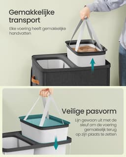 Wasmand, 170 L Wasmand, 2 compartimenten, Eenvoudige montage, met deksel en handgrepen, Uitneembare binnenzakken, 56 x 40 x 75 cm, Inktzwart LCB813B01 — thumbnail 5