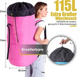 SnelShoppen - Waszak voor op reis, XXL 115 liter, opvouwbare opbergzak met 2 gevoerde schouderbanden, kledingtas, plunjezak, rugzak, roze voor vakanti — thumbnail 5