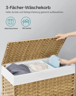 Prime Home Wasmand - Wasmand 3 vakken - Wasmand met deksel - Waszakken - Waszakken voor wasgoed - 140 L - 66 x 33 x 66cm - 30 kg Belastbaarheid — thumbnail 2