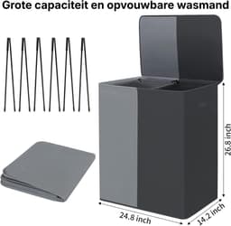 Ploutos® Wasmand 2 Vakken - Luxe Wassorteerder – Dubbele Waszak – Grijs & Zwart Design –- 63cm x 36cm x 68cm — thumbnail 5