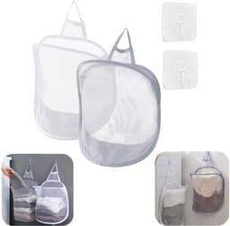 Set van 2 wasmanden - Kledingmand - Speelgoedopbergtas - Wandwasmand - Opbergtas van gaas - Toiletartikelenmand - Met handvat - Opvouwbare wasmand - Voor kleding, speelgoed, kampeerspullen, handdoeken (30*40*18 cm - Diverse kleuren) — thumbnail 1