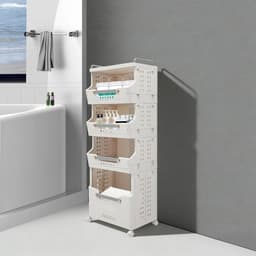 4-Laags Wasmand met 360° Stille Wielen – Opvouwbaar Wasrek en Kledingopbergrek voor Woonkamer en Badkamer – Wit — thumbnail 2
