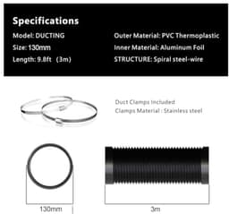 PromoHome Luchtslang 125 mm - 3 meter PVC Afvoerslang met 2 RVS Slangklemmen voor Mobiele Airconditioning, Droger, Afzuigkap, Ventilatiesysteem — thumbnail 5