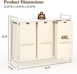 Wasmand 3 Vakken Wit – Wassorteerder met Opbergplank – Metalen Frame met MDF – 92,5x33x72 cm – Uitneembare Zakken – Moderne Wassorteerder voor Badkamer, Slaapkamer en Hal — thumbnail 2