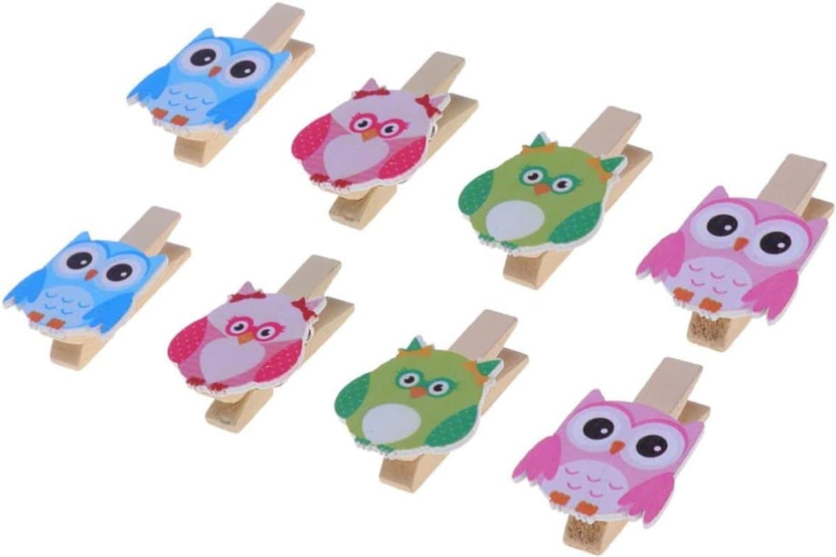 Houten Fotoklemmen - Mini Wasknijpers - Foto's Ophangen - Uil Ontwerp - 8 Stuks - Houtkleur — afbeelding 1
