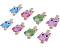 Houten Fotoklemmen - Mini Wasknijpers - Foto's Ophangen - Uil Ontwerp - 8 Stuks - Houtkleur