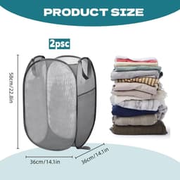 Thijox - 2 stuks 75 liter opvouwbare wasmanden, mesh, grote pop-up wasmanden, ademend en draagbaar met handvat en zijzak, donkergrijs voor thuis, camp — thumbnail 3