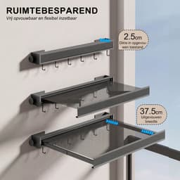 Uitschuifbaar Opklapbaar Droogrek - Wand Droogrek - Inklapbaar Wasrek - Wandgemonteerd Wasrek - Wasdroogrek Voor Badkamer Balkon Wasruimte - Aluminium Droogrek Met 6 Haken - Zwart — thumbnail 3