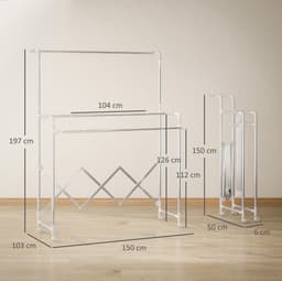 MEUNIQ Droogtoren inklapbaar 150 x 103 x 197 cm met 3 verstelbare droogstangen en 4 wielen, vrijstaand wasrek voor binnen en buiten, roestvrij staal, zilver — thumbnail 3