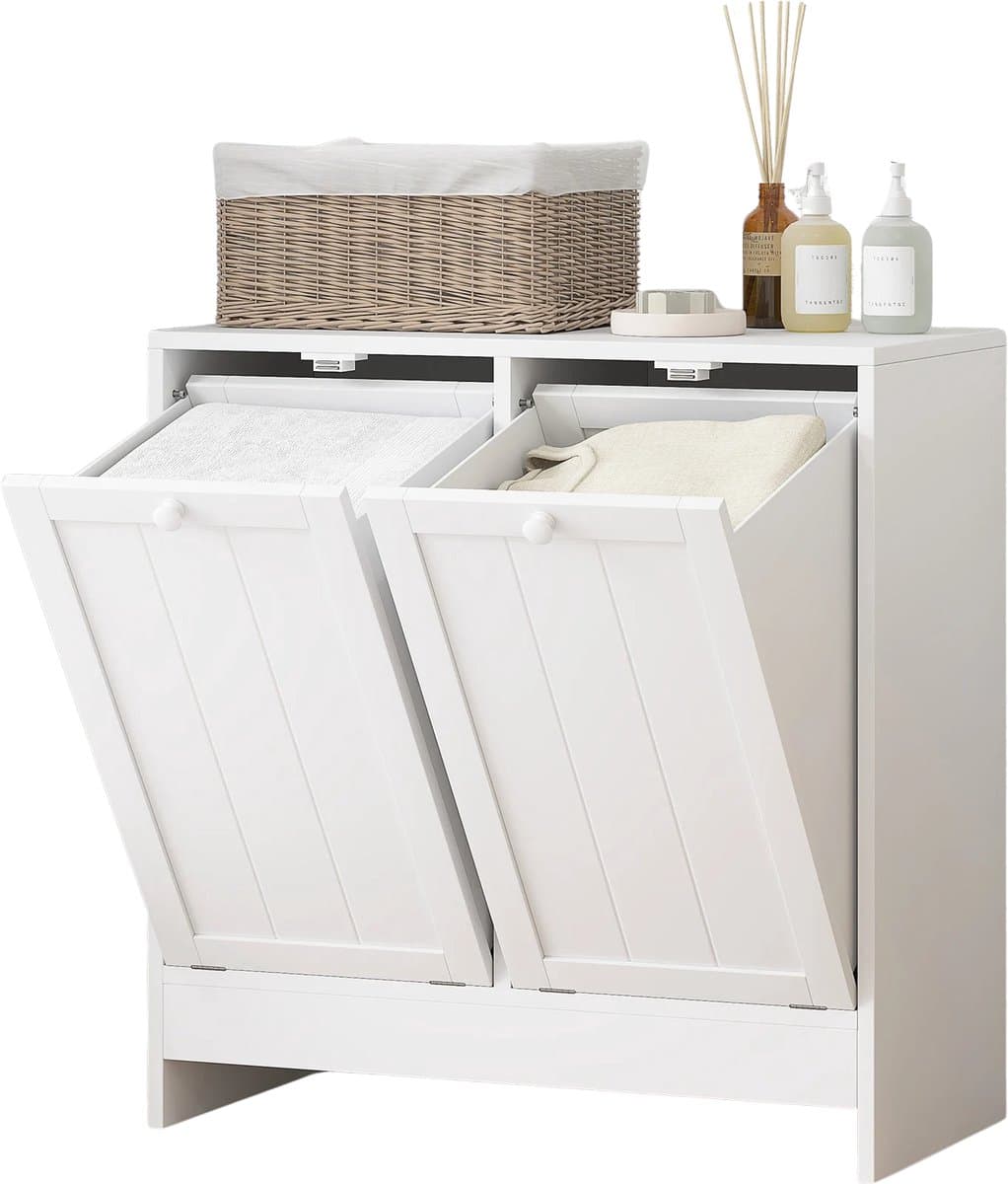 Noventra - Wasmand Kast - Dubbele Wasmand - Waskast met 2 Kantelbare Wasmanden - Wassorteerder - Wasgoed Organizer - Wasmand Meubel - Wit - 66 x 33 x 68 cm — afbeelding 1
