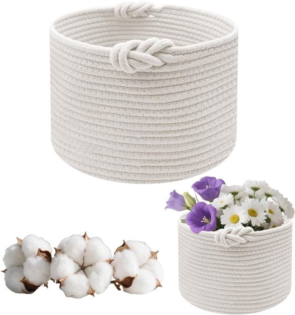 Braadmand voor opbergen van kleding - kleine gevlochten opbergmand - wasmand rond - katoenen mand voor badkamer en speelgoed - d 24 × h 18 cm (wit) — afbeelding 1