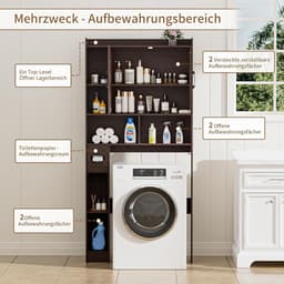 Wasmachinekast met deuren - Opbergkast badkamer - Ruimte organiseren - Verstelbare planken - 70x90 cm ruimte - Donkerbruin — thumbnail 2