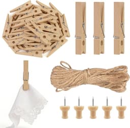 Houten knijpers, duimspijkers en jute touw voor het ophangen van foto's en decoraties, ideaal voor kaarten en creatief gebruik — thumbnail 1