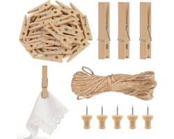 Houten knijpers, duimspijkers en jute touw voor het ophangen van foto's en decoraties, ideaal voor kaarten en creatief gebruik