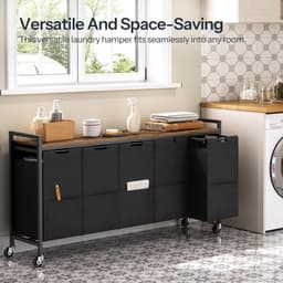 Wassorteerder 5 secties, wasmand met wielen, 5 × 10,5 gallon (40 l), rollende wasmand, uittrekbare en verwijderbare Oxford-stoffen zakken, rustiek bruin en zwart BF07XY01 — thumbnail 3