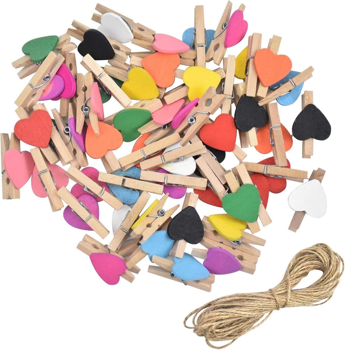 50 stuks mini houten haringen - 3 cm hart houten gekleurde haringen voor het vasthouden van foto, houten foto display clips papieren haringen met 10 M jute string voor decoratieve fotomuur — afbeelding 1