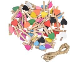50 stuks mini houten haringen - 3 cm hart houten gekleurde haringen voor het vasthouden van foto, houten foto display clips papieren haringen met 10 M jute string voor decoratieve fotomuur