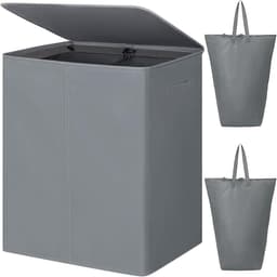 Dubbele wasmand met deksel en afneembare waszakken 154L grote opvouwbare 2 verdelers wasmand met handgrepen voor slaapkamer wasruimte kast badkamer college (grijs) — thumbnail 1