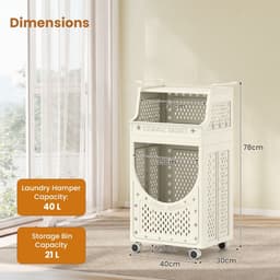 SureDeal® - Wasmand - Traps Waskar Opvouwbare - Vergrendelbare Wielen Mand - 40x30x78 cm - Beige — thumbnail 3