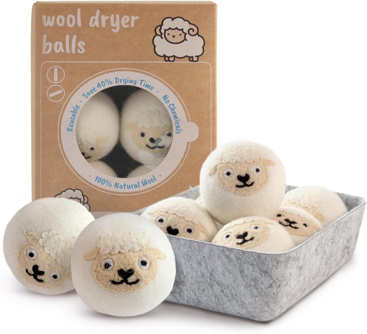 SnelShoppen - Wool Dry Balls - 6 Stuks, 100% Natuurlijk Wol, Snellere Droogtijd, Schattig Dierontwerp, Maakt Was Zacht, Opbergdoos Inclusief, Wit — afbeelding 1