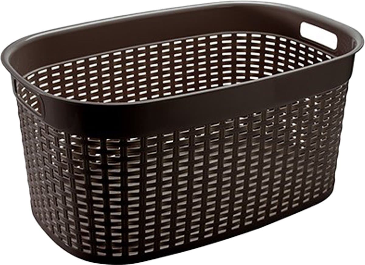 Hega Hogar Rotan line wasmand - donkerbruin - inhoud 44 liter - kunststof - 58 x 39 x 27 cm - met handvatten — afbeelding 1