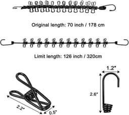 2 stuks draagbare waslijn camping, elastische waslijn, uittrekbaar, reiswaslijn met 12 stuks klemmen en 13 stuks positionering welvingen voor reizen, vakantie, outdoor, camping, slaapzaal — thumbnail 5