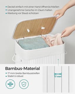 SONGMICS Wasmand met deksel (LCB010W01), 72 l, wasmand van bamboe, opvouwbaar, met afneembare wasbare zak, handgrepen, voor bijkeuken, slaapkamer, wit, 40 x 30 x 60 cm (L x B x H) — thumbnail 5