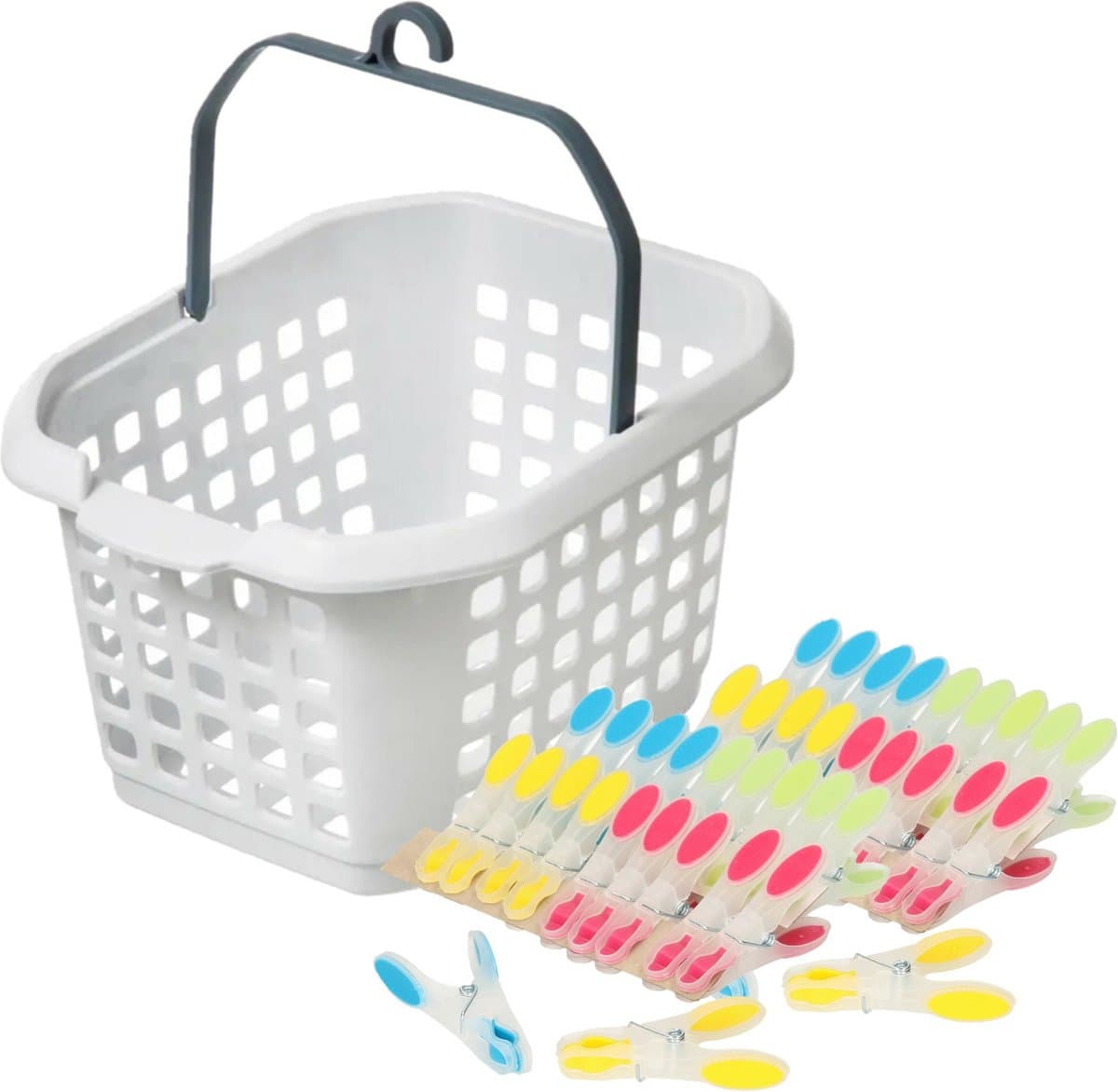 Wasknijpers ophang mandje/bakje - wit - met 40x plastic soft grip knijpers — afbeelding 1