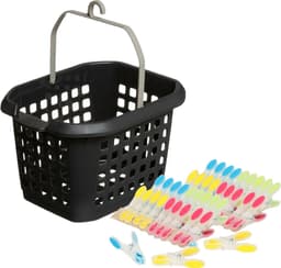 Wasknijpers ophang mandje/bakje - zwart - met 40x plastic soft grip knijpers — thumbnail 1