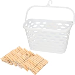 Wasknijpersmandje met haak - wit - en 100x houten wasknijpers 7 cm - was ophangen — thumbnail 1