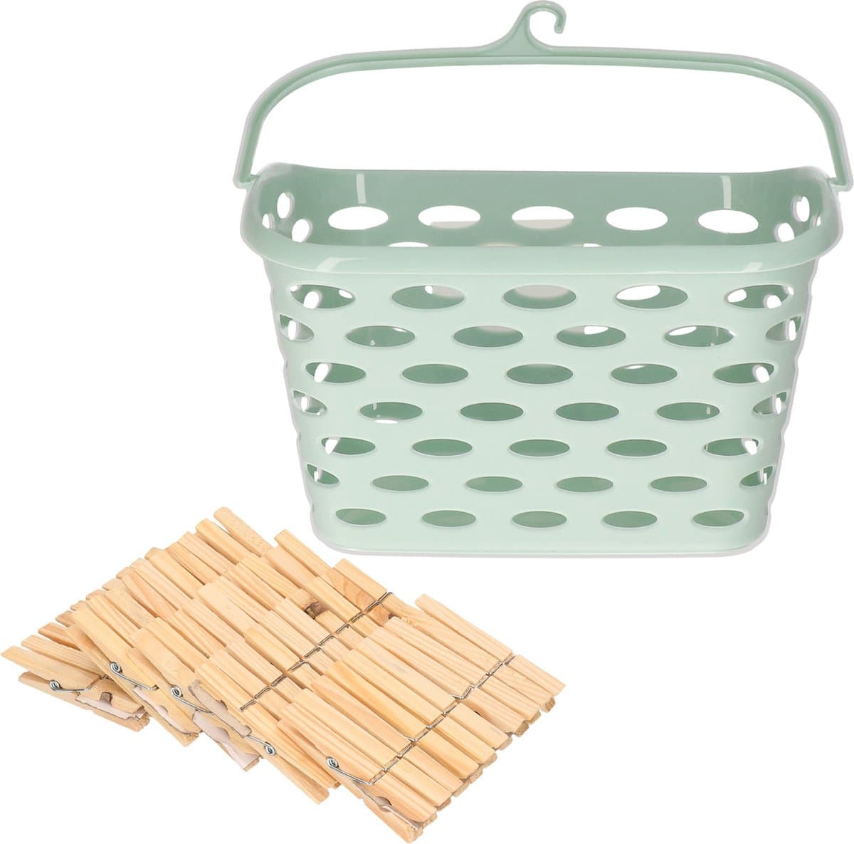 Wasknijpersmandje met haak - mintgroen - en 100x houten wasknijpers 7 cm - was ophangen — afbeelding 1