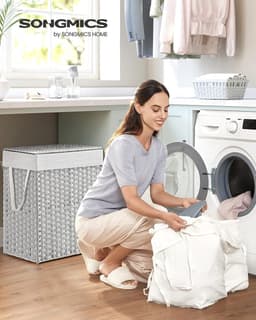 Wasmand met deksel, wasverzamelaar, 90 liter, 2 vakken, uitneembare waszak met handgrepen, handgevlochten, voor slaapkamer, badkamer, 33 x 46 x 60 cm, wit, LCB251W01V1 — thumbnail 3