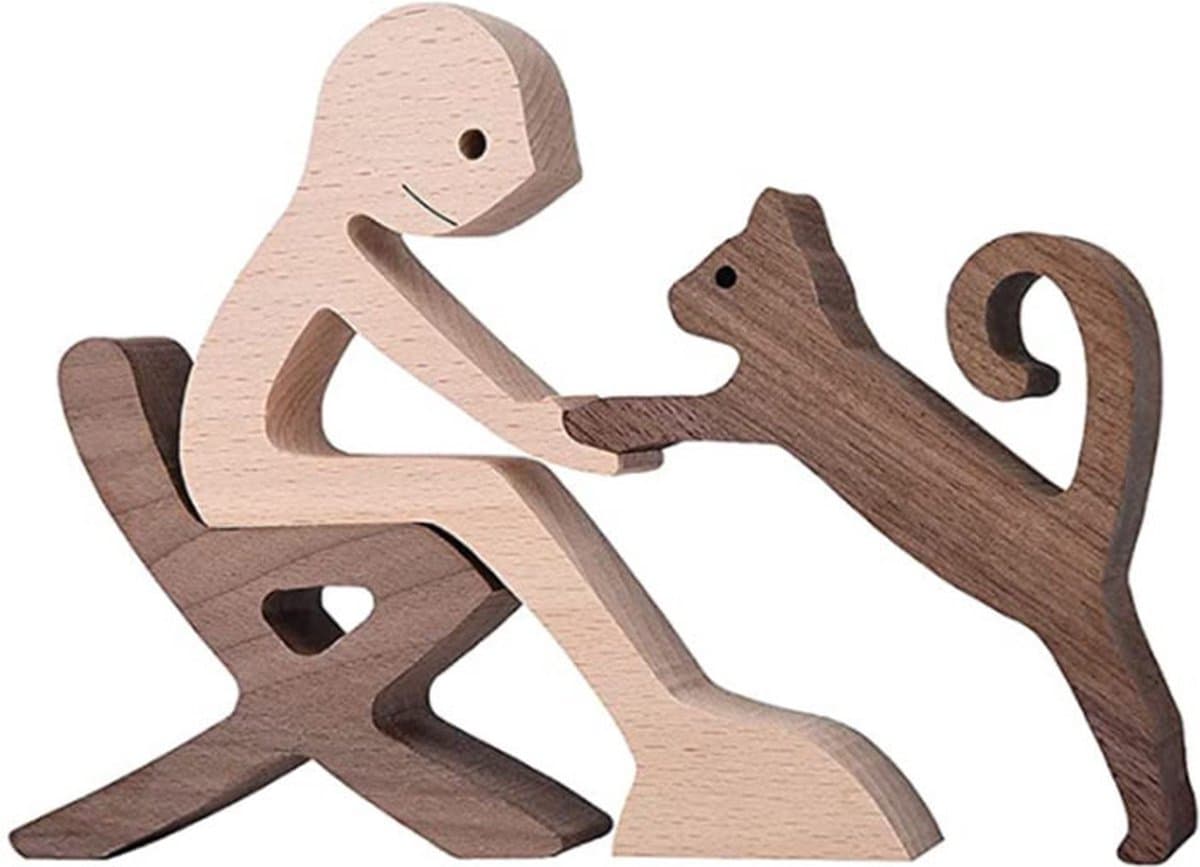 Houten beeldje - Natuurlijk hout - Beeld - Decoratief - Hout - Man - Stoel - Kat - B013 — afbeelding 1