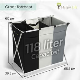 Wasmand 3 Vakken – Wassorteerder 118 L – Opvouwbaar – Aluminium Frame – Zwart/Grijs/Wit — thumbnail 3