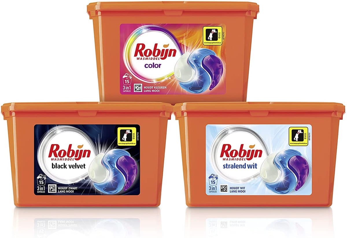 Robijn Color, Black Velvet en Stralend Wit 3-in-1 Wascapsules Pakket voor gekleurde, zwarte en witte was - 3 x 15 wasbeurten - Robijn — afbeelding 1