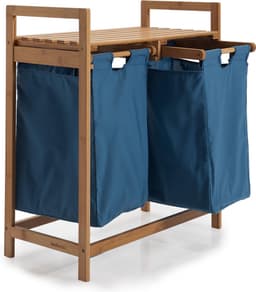 Lumaland Wasmand van bamboe - met 2 uitschuifbare waszakken - 60 L - Blauw — thumbnail 1